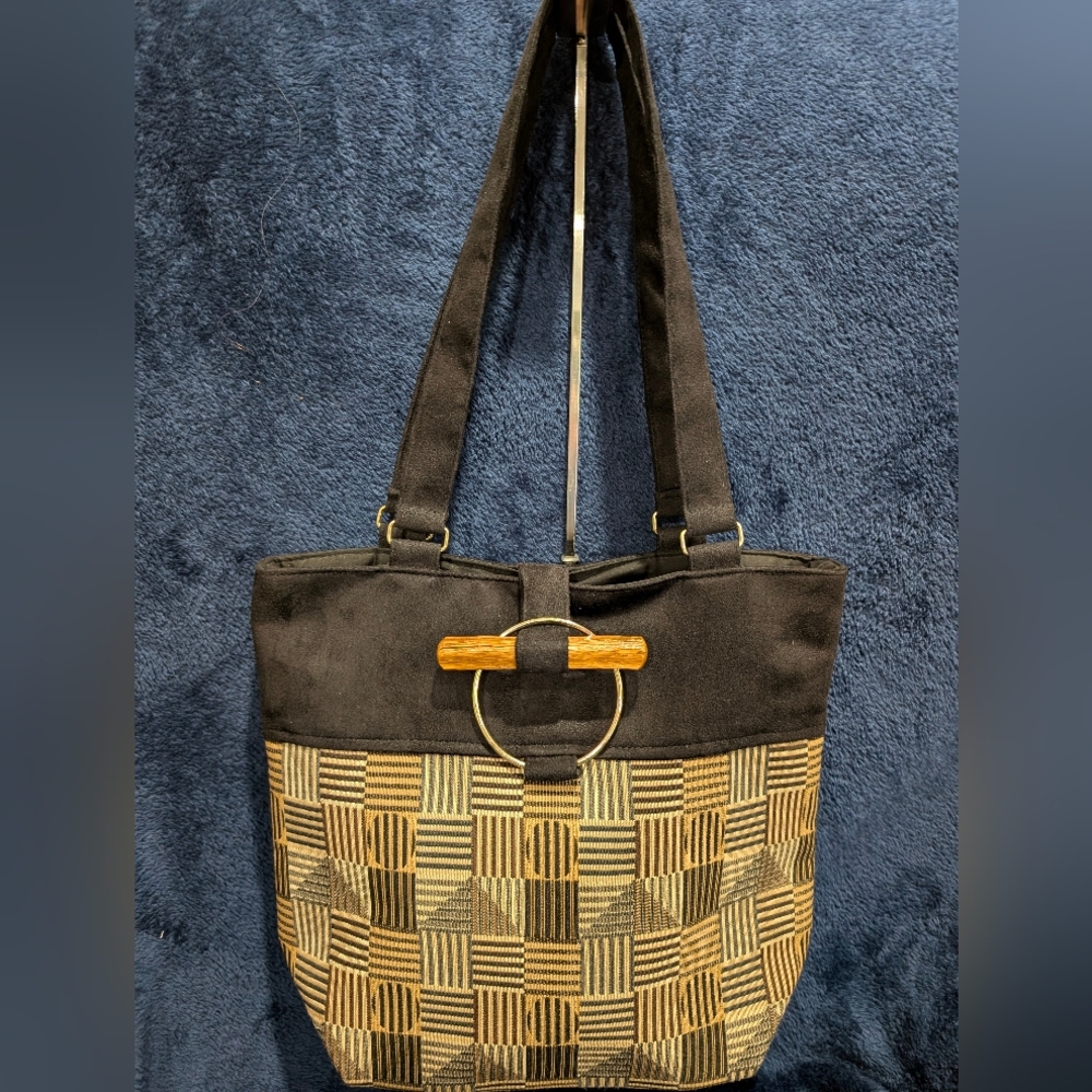 Fioa Tapestry/faux Suede Tote Bag, Geometric pattern, Canvas lined 12x10x3, EUC